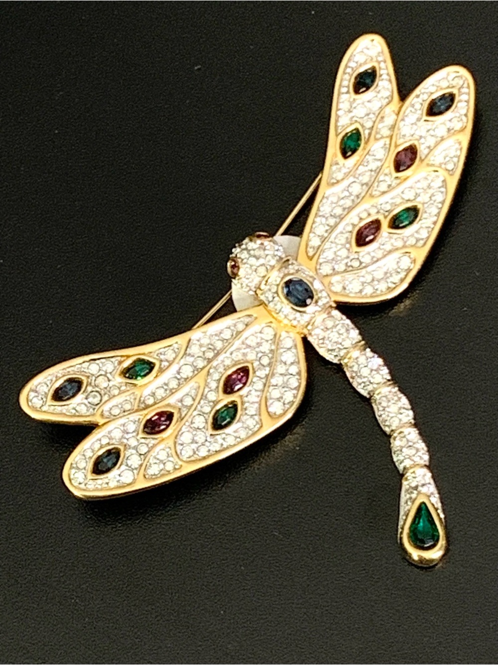 SIGNED SWAROVSKI 22KT GOLD PLATED CRYSTAL DRAGONFLY PIN BROOCH RARE RETIRED